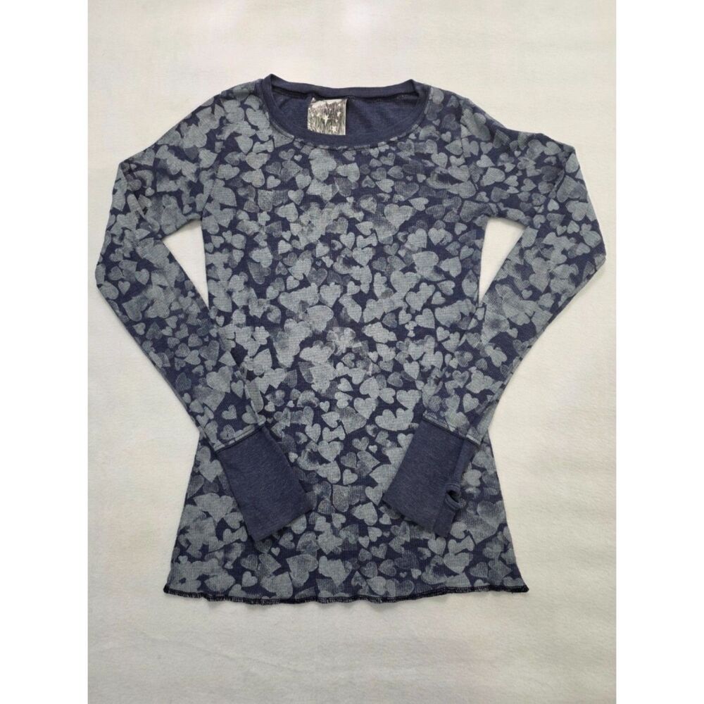 Vintage dELiA*s Thermal Waffle Knit Top Heart Print Thumbholes Womens Medium USA